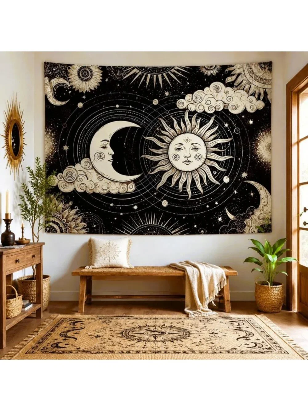 Boho Sun and Moon Tapestry Wall Hanging - Mystic Aesthetic Decor for Bedroom